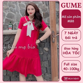 Đầm bầu GuMe 2 màu đỏ , đen Đuôi Cá Cổ Sen Nơ Trắng chất vải sạn lụa size từ 40-100kg MB8- ảnh thật