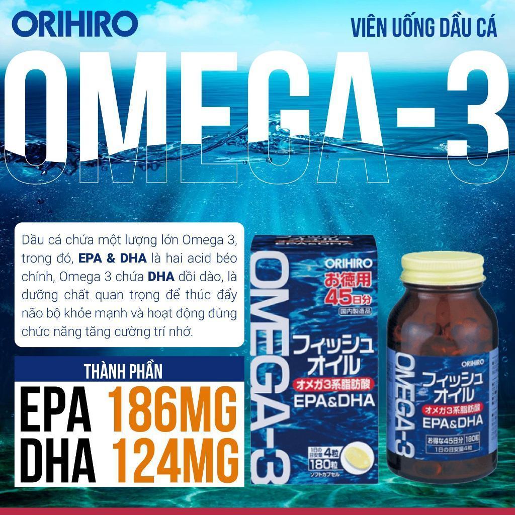 Viên uống dầu cá Omega 3, bổ mắt, bổ não, EPA & DHA Orihiro Nhật Bản 180 viên, Mỹ Phẩm HB