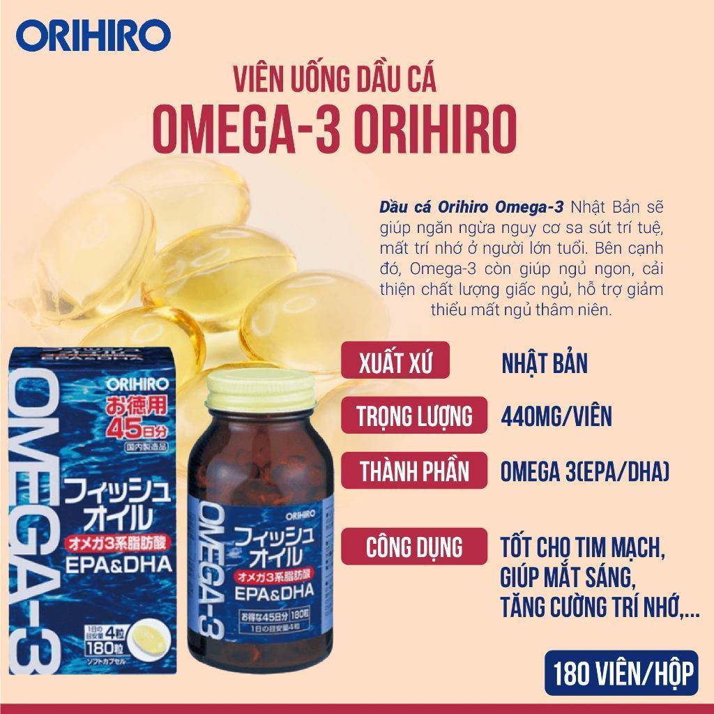 Viên uống dầu cá Omega 3, bổ mắt, bổ não, EPA & DHA Orihiro Nhật Bản 180 viên, Mỹ Phẩm HB