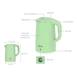 [Có hỏa tốc TPHCM ] Bình đun siêu tốc inox 304 1.8L COMET - CM8218