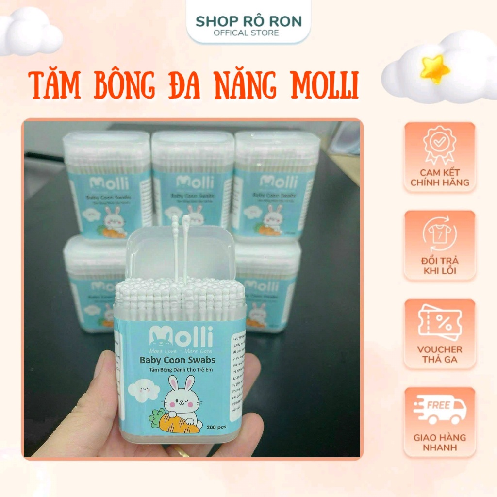 SRR Tăm bông đa năng MOLLI, EMMAKIDS - Tăm bông lõi giấy 2 đầu MOLLI, EMMAKIDS hộp 200 chiếc