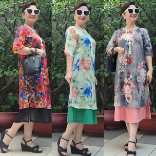 Váy Đầm Trung Niên - Chất  Tơ Lụa, Voan - Form Hơi A Che Bụng - Size 47Kg - 90Kg.
