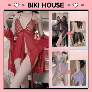 Đầm ngủ ren xuyên thấu họa tiết cánh bướm siêu xinh gợi cảm váy ngu nữ 2 dây cổ yếm xẻ tà quyến rũ BIKI HOUSE N214 - HCM
