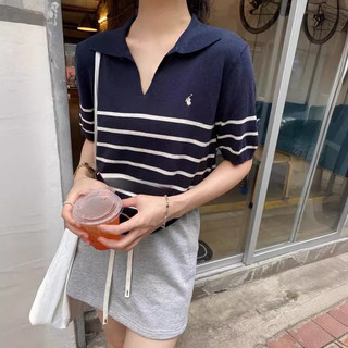 Áo thun polo nữ dệt kim cổ bẻ thêu ngựa kẻ sọc ngang phong cách hàn quốc thời trang mùa hè,áo polo nữ len mongtoghi mỏng