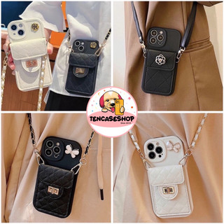 [HOẢ TỐC HCM-Có ip 17 ] Ốp lưng ip TPU VIỀN THANG kèm túi đeo chéo vân da khoá dây xích dài charm đá -TENCASESHOP [719]