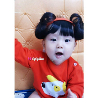 Băng Đô Turban Tóc Giả Cho Bé Gái Màu Cam - Kèm Tóc Mái Trước Và Tóc Búi Natra Hai Bên - Siêu Xinh