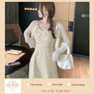 Váy Hai Dây Hoa Nhí/ Áo Khoác Cardigan Mỏng HT01 HaLuu Store Phong Cách Hàn Quốc