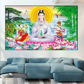 Tranh thêu kín phật bà quan âm KT:100x70cm, tranh chưa thêu và chưa khung