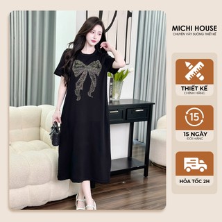 Đầm Suông MICHI House Váy Xuông Cổ Tròn Đính Nơ Dáng Dài Freesize K162
