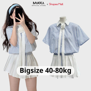 Set đồ nữ thiết kế MAKKA set váy liền sơ mi cộc tay kẻ sọc xanh kèm tag hoa, phối chân váy xếp ly có quần trong rời 1004