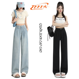 Quần jean nữ ống rộng TEEFA, quần jean suông túi chéo tôn dáng 2 cạp, 2 màu có 6 size XS-2XL