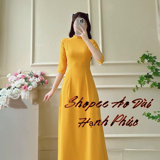 Set áo dài truyền thống trơn màu vàng cổ 2cm vải lụa mỹ