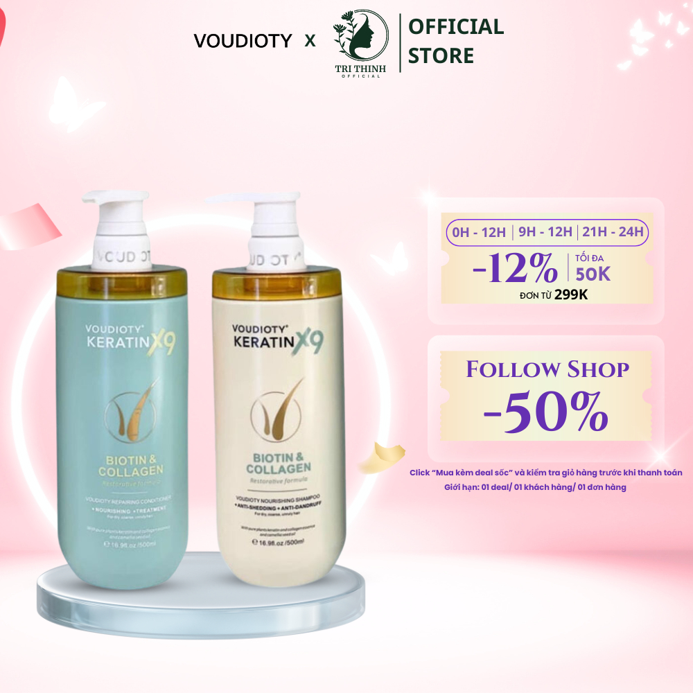 Cặp Dầu Gội, Dầu Xả Phục Hồi Tóc Hư Tổn Nặng Voudioty Keratin X9, Dầu gội Xả Tóc Keratin X9 Biotin &