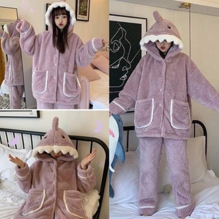 Bộ ngủ lông cừu cá mập tím túi vuông form rộng lông dày dặn ấm áp, Sét đồ bộ mặc nhà mũ gấu dễ thương hàn quốc