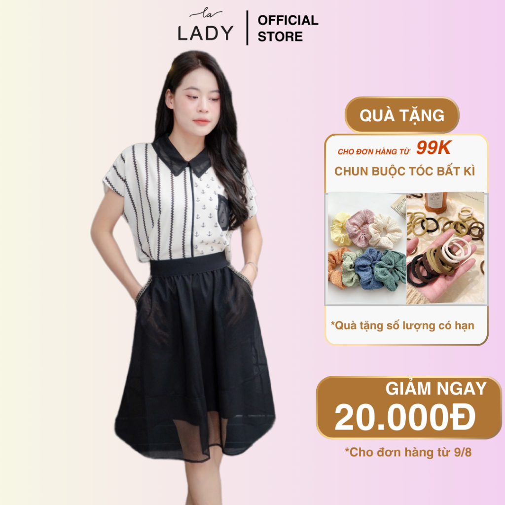 Set áo sơ mi lụa cộc tay họa tiết kèm chân váy nữ LaLADY công sở thanh lịch chất voan Hàn LALADY18