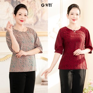 GOTI Áo Nữ Trung Niên U50 U60 Cao Cấp Kiểu Áo Gấm Hoa Cổ Tròn Tay Lỡ Đính Nút Sang Trọng 3A51