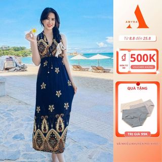 Đầm maxi đi biển dáng dài trung niên Bigsize thổ cẩm AMYRA - Váy maxi trung niên cho mẹ đi du lịch đi chơi đi biển MX015