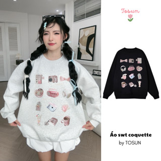 Áo Sweater Cổ Tròn Form Rộng TOSUN Chất Nỉ 2 Da Hoạ Tiết Máy Ảnh Phong Cách Coquette S23