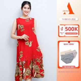 Đầm mặc nhà trung niên bigsize vải lanh AMYRA cho mẹ dáng suông đuôi cá, mùa hè rộng mát mẻ, thoải mái bà bầu VA004