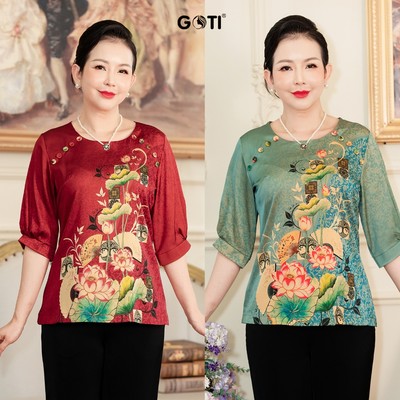 GOTI Quà Tặng Mẹ Trung Niên Áo Lụa Nữ Dáng Suông Cao Cấp Thiết Kế Phối Nút Thanh Lịch U50 U60 3A50