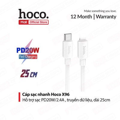 Cáp sạc nhanh PD20W Hoco X96 Type-C to IP truyền dữ liệu dùng cho ip11/12/13/14promax dài 25cm