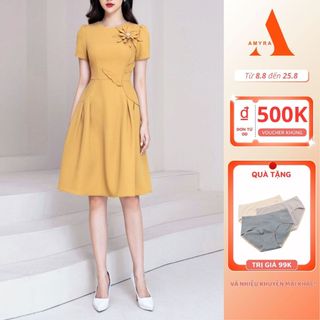 Đầm Dự Tiệc Công Sở Sang Trọng Bigsize u30 AMYRA, Thiết Kế Dáng Xòe Đính Hoa Ngực Xếp Li Eo Cao Cấp Đi Làm Đi Tiệc DA163