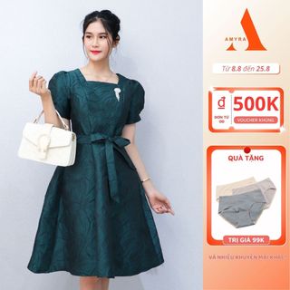 Đầm Gấm Dự Tiệc Sang Trọng Bigsize u40,u50 AMYRA,Thiết Kế Dáng Xòe Tay Phồng Cổ Vuông Cao Cấp Đi Tiệc Cho Mẹ Da162