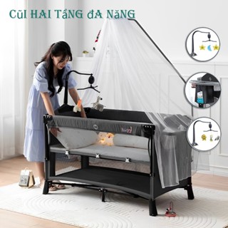 nôi em bé sơ sinh có bánh xe di chuyển, tháo rời đa chức năng, có tặng kèm màn,hai lớp nôi cho bé Giường lớn có thể ghép