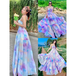 [Maxi] Đầm maxi omber loang tím xanh cổ yếm khoen mẫu mới dáng xoè rộng siêu sang chảnh