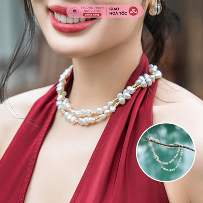ChuỗI Đeo Cổ 80cm Quấn 2 Vòng Hạt Ngọc Trai Dẹt 7Ly Khóa OT ThờI Trang - Ngọc Trai Trường Thịnh
