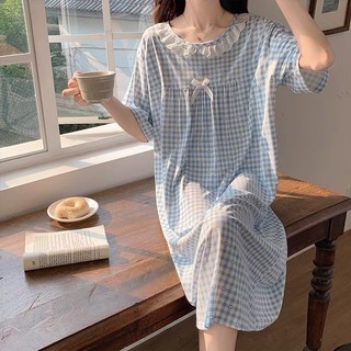 Váy ngủ nữ vn4 xanh đầm ngủ nữ tiết kẻ sọc dễ thương cute chất mềm co dãn váy mặc nhà phom rộng