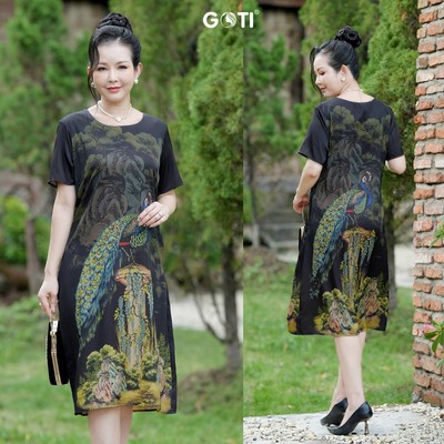 GOTI – Đầm Dáng Suông Trung Niên Dự Tiệc Cao Cấp Vải Lụa Mềm Mịn Cho Mẹ U40 U50 45-78kg 3386