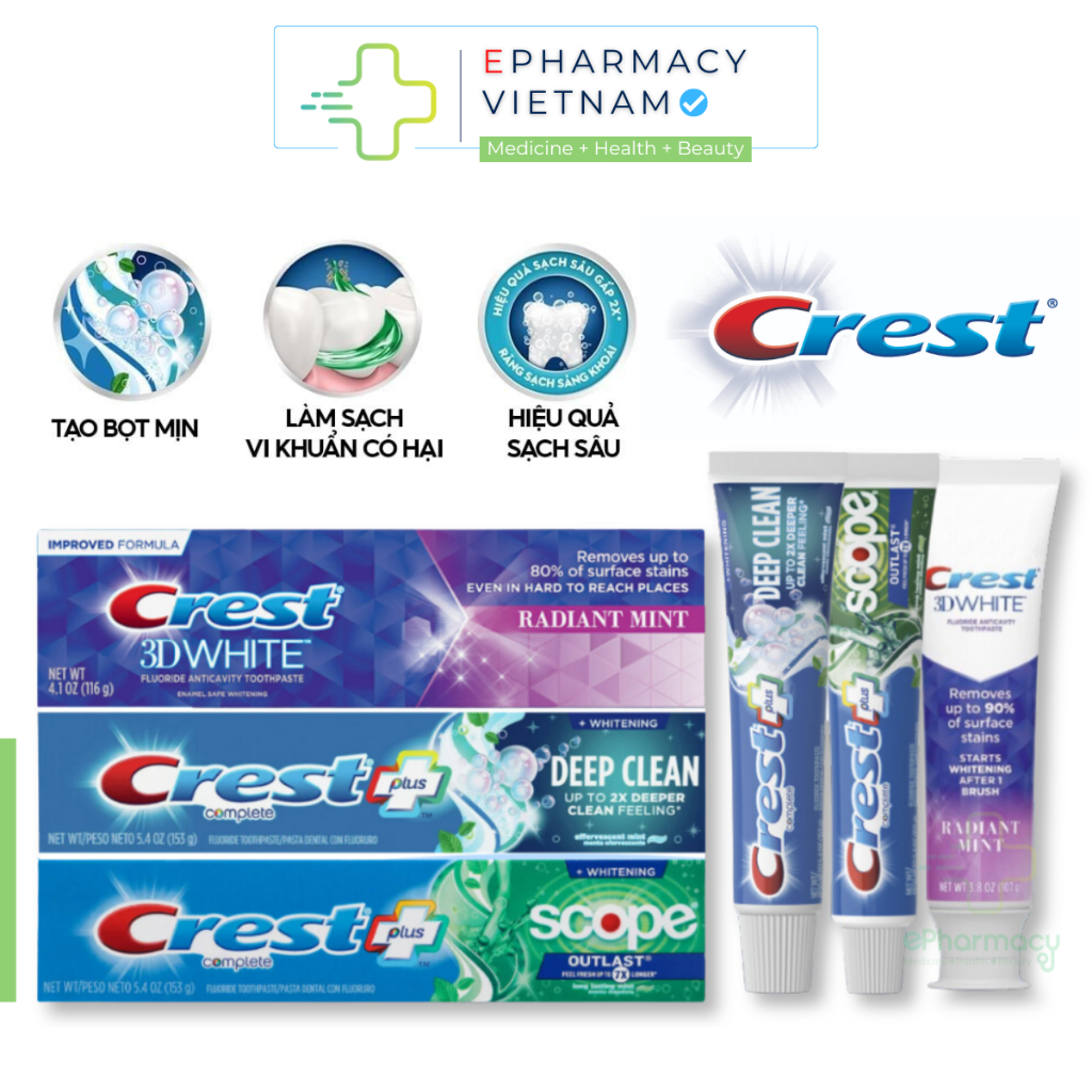 Kem Đánh Răng Crest Complete Plus & 3DWhite Radiant Mint Làm Sạch Mảng Bám