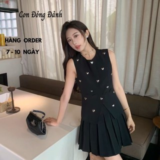 Set áo gile không tay hình tim nữ kèm chân váy - bộ áo váy thiết kế cộc tay chân váy xếp ly ngắn ac012 lovito