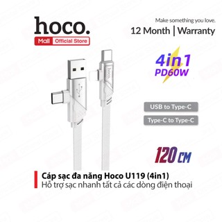 Cáp sạc nhanh hoco u119 4in1 type-c/pd60w và pd20w, sạc nhanh 3a, dài 1.2m