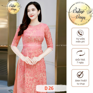 Áo dài D26 lụa màu hồng cam thiết kế tinh xảo đính đá thủ công cao cấp thời trang nữ butino shop