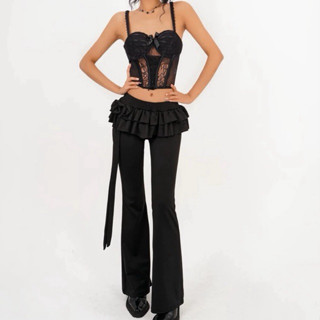 Quấn váy đính nơ / Quần dài ống loe Unnie quần váy xòe tầng có nơ dài , quần loe cạp thấp quây bèo egril y2k