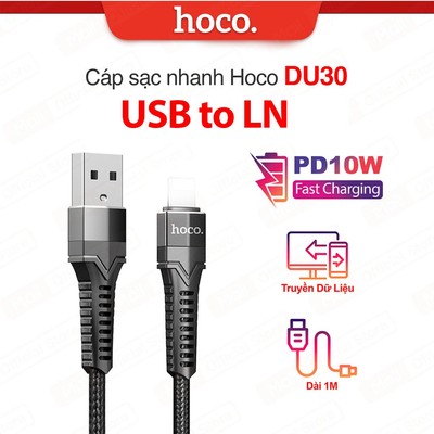 Dây sạc nhanh USB to IP PD10W Hoco DU30 truyền dữ liệu dùng cho ip6/7/8/X/11/12/13/14 dài 1m/2m