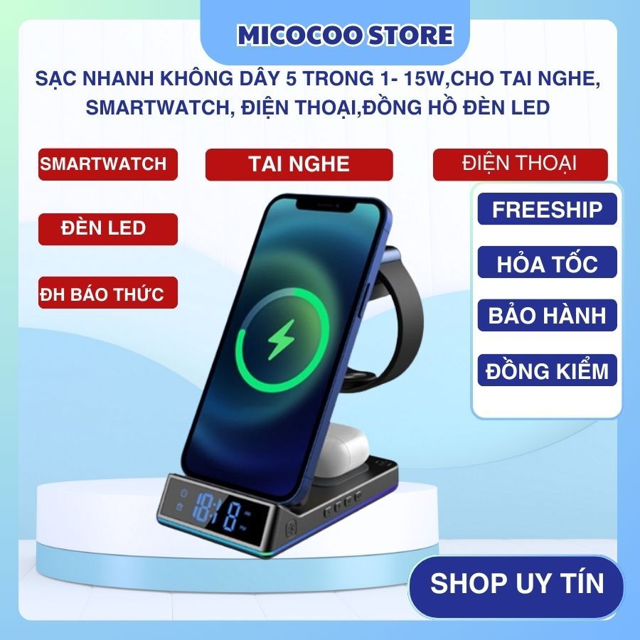 Sạc nhanh không dây 5 trong 1 công suất cao 15w, bộ sạc không dây cho tai nghe, smartwatch, điện thoại,đồng hồ đèn led | BigBuy360 - bigbuy360.vn