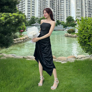 Đầm Lụa Hai Dây NV146 nhún bèo Xẻ Tà Dây Hạt Sang Trọng