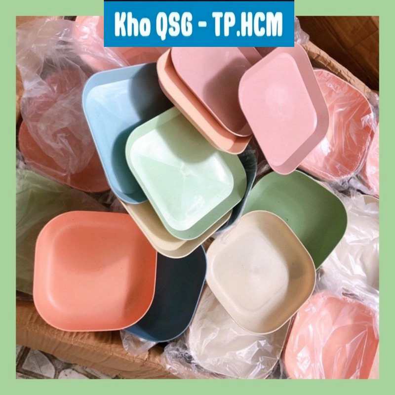 Sỉ 9K - Bộ 8 Đĩa Lúa Mạch Màu Pastel, Dĩa Nhựa Đựng Thức Ăn, Đựng Trái Cây Hình Vuông Chất Liệu Lúa Mạch Tiện Dụng