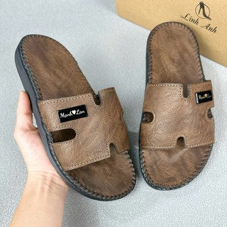 Dép lê, dép quai ngang chữ H da bò, logo khắc theo yêu cầu, đế cao su non mềm, quai khâu liền đế