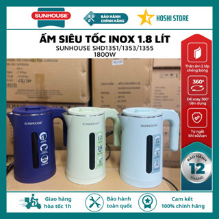Ấm siêu tốc. Bình đun siêu tốc inox 2 lớp chống bỏng 1.8L Sunhouse SHD1351,1355,1353/ Baretti BRD182