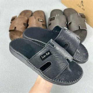 Dép lê, dép quai ngang chữ H da bò, logo khắc tên theo yêu cầu, đế cao su non mềm , quai khâu liền đế chắc chắn