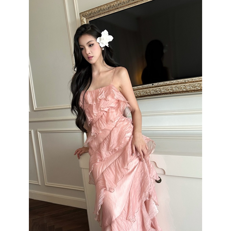 AMELIE - Váy dài hai dây tơ lụa xếp tầng màu hồng - Isabella Dress | BigBuy360 - bigbuy360.vn