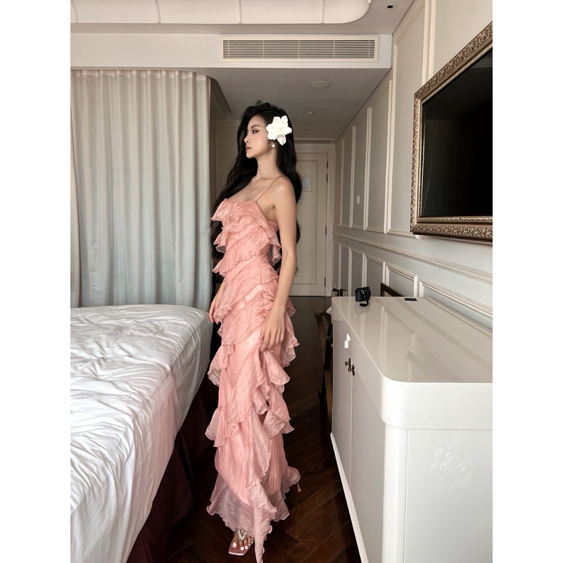 AMELIE - Váy dài hai dây tơ lụa xếp tầng màu hồng - Isabella Dress | BigBuy360 - bigbuy360.vn