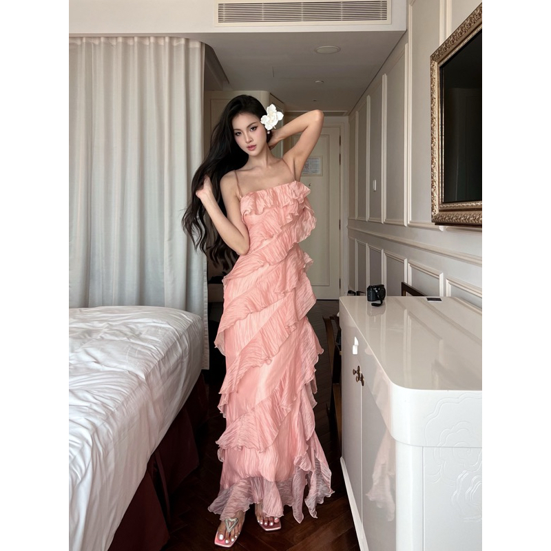 AMELIE - Váy dài hai dây tơ lụa xếp tầng màu hồng - Isabella Dress | BigBuy360 - bigbuy360.vn