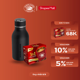 Combo bình giữ nhiệt highlands coffee logo hạt cà phê màu đen 430ml & 1 hộp cafe 3in1 20 gói