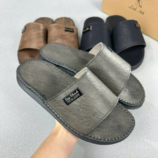 Dép lê, dép quai ngang nam da bò, logo khắc tên theo yêu cầu, dế cao su non êm mềm, quai khâu liền đế