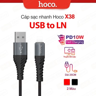 Cáp sạc nhanh PD10W USB to IP Hoco X38 hỗ trợ truyền dữ liệu dùng cho 6/7/8/X dài 25CM